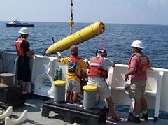 The Gulper is lowered into the Gulf of Mexico from NOAA's research Vessel Gordon Gunter (I...